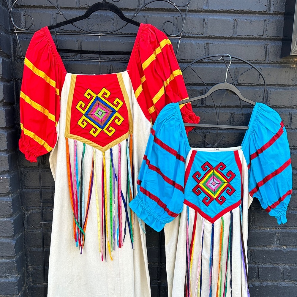Handcrafted Ethnic Fringe Maxi Dress with Embroidered Bodice - Natural/Red/Blue